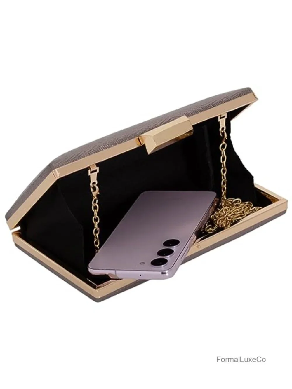 Metallic Material Hard Case Evening Party Clutch with Crossbody Chain